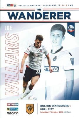 Bolton v Hull 27th October 2018 Official Programme 2018/2019
