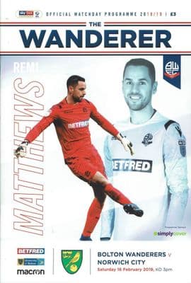 Bolton v Norwich 16th February 2019 Official Programme 2018/2019