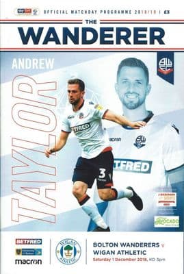Bolton v Wigan 1st December 2018 Official Programme 2018/2019