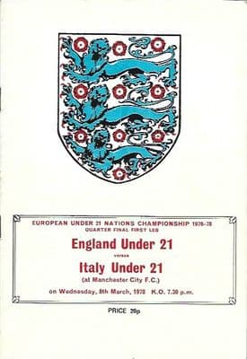 England U21's v Italy U21's Official Matchday Programme - 8th March 1978
