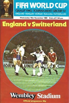 England v Switzerland World Cup Qualifying Group 19th November 1980 Programme