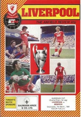 Liverpool v Benfica European Cup Quarter Finals 1st leg 7th March 1984 Official Matchday Programme