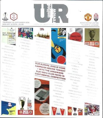 Manchester United v FC Zorya Luhansk Europa League 2016/2017 Programme 29th September 2016