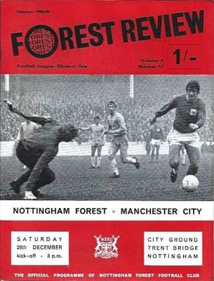 Nottingham Forest v Manchester City 28th December 1968 Official Matchday Programme