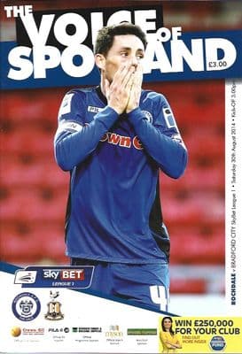Rochdale v Bradford City 30th August 2014 Official Matchday Programme.
