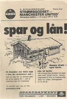 Strømsgodset v Manchester United 10th August 1977 Official Matchday Programme