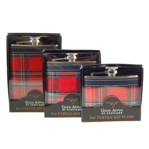 ( Set of x3 - 4oz, 6oz & 8oz ) Scottish Hip Flask With PU Leather Gift Set in Royal Stewart Tartan