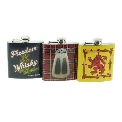 ( Set of x3 ) Scottish 6oz Hip Flask Set Available in Optional Scottish Designs