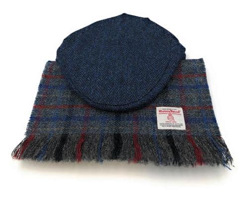 100% Harris Tweed Blue Herringbone Flat Cap & Scarf (150x26cm) Set Made in Scotland