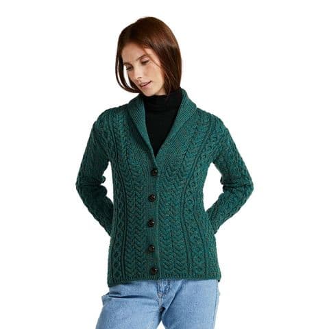100% Pure Irish Aran wool cardigans for women - V-neck with buttons merino wool