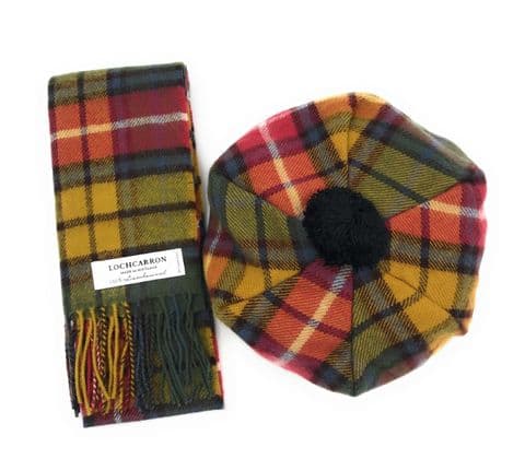 100% Wool Lambswool Buchanan Antique Tartan Scarf and One Size Tam Wool Cap Set -Made in Scotland