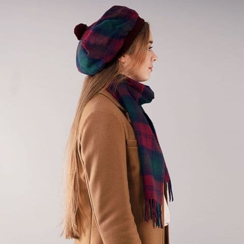 100% Wool Lambswool Lindsay Modern Tartan Scarf and One Size Tam Wool Cap Set -Made in Scotland