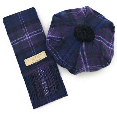 100% Wool Lambswool Scotland Forever Tartan Scarf and One Size Tam Wool Cap Set-Made in Scotland