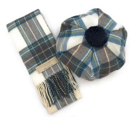 100% Wool Lambswool Stewart Mute Blue Tartan Scarf and One Size Tam Wool Cap Set -Made in Scotland