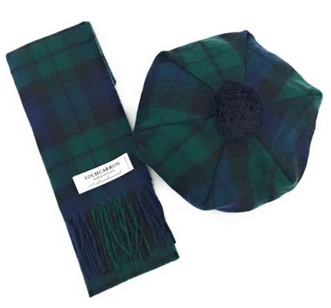 100% Wool Pure Lambswool Black Watch Tartan Scarf and One Size Tam Wool Cap Set -Made in Scotland