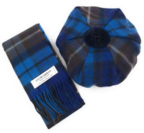 100% Wool Pure Lambswool Buchanan Blue Tartan Scarf and One Size Tam Wool Cap Set -Made in Scotland