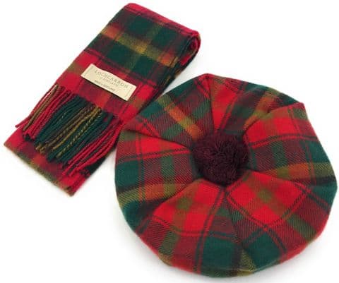 100% Wool Pure Lambswool Mapleleaf Tartan Scarf and One Size Tam Wool Cap Set - Made in Scotland