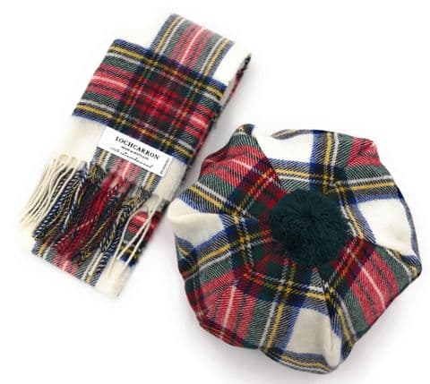100% Wool Pure Lambswool Stewart Dress Tartan Scarf and One Size Tam Wool Cap Set -Made in Scotland