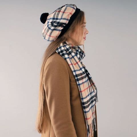 100% Wool Pure Lambswool Thomson Camel Tartan Scarf and One Size Tam Wool Cap Set - Made in Scotland