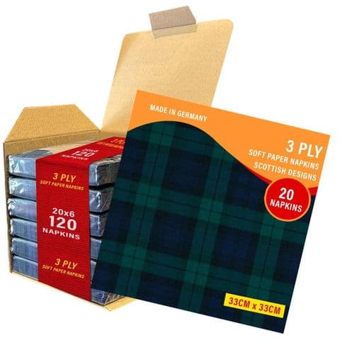 3ply Paper Soft Napkins - 33x33cm - Black Watch - Pack of 120 - Scottish Gift in Burns Night