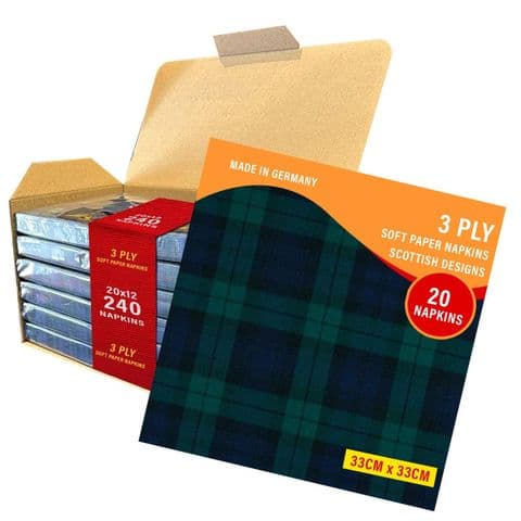 3ply Paper Soft Napkins - 33x33cm - Black Watch - Pack of 240 - Scottish Gift in Burns Night