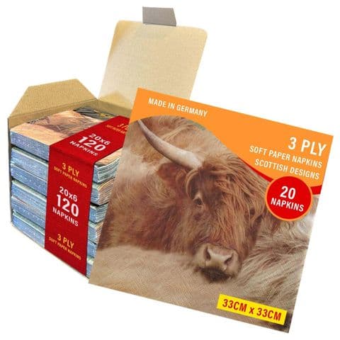 3ply Paper Soft Napkins - 33x33cm - Highland Cow - Pack of 120 - Scottish Gift in Burns Night