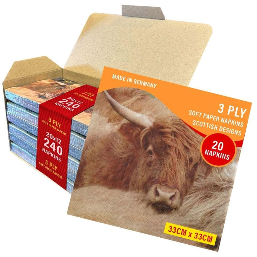 3ply Paper Soft Napkins - 33x33cm - Highland Cow - Pack of 240 - Scottish Gift in Burns Night