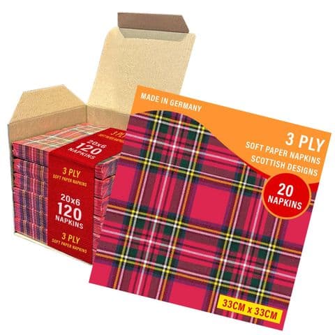 3ply Paper Soft Napkins - 33x33cm - Royal Stewart - Pack of 120 - Scottish Gift in Burns Night