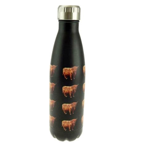 500ml Metal Water Bottle | Highland Cow Design | Reusable, Leak-Proof | Scottish Heritage Gift