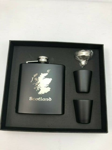 Art Pewter Black Scotland Map Engraved 6oz Hip Flask Gift Set New