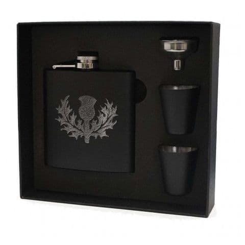 Art Pewter Black Scottish Thistle Engraved 6oz Hip Flask Gift Set New