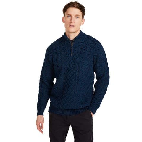 Ballycroy Mens Aran Half Zip Sweater - Blue Color - 100% Merino - Modern Style with Aran Cable -