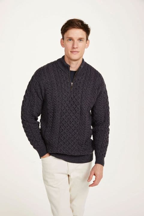 Ballycroy Mens Aran Half Zip Sweater - Charcoal Color - 100% Merino - Modern Style with Aran Cable -