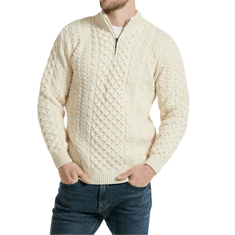 Ballycroy Mens Aran Half Zip Sweater - Cream Color - 100% Merino - Modern Style with Aran Cable