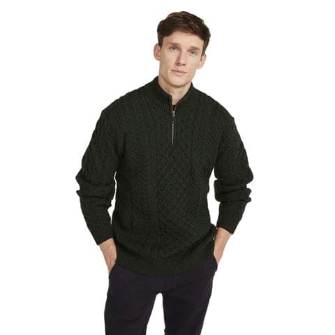 Ballycroy Mens Aran Half Zip Sweater - Green Color - 100% Merino - Modern Style with Aran Cable -