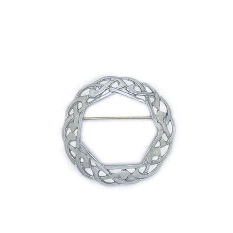 Celtic Knot Plaid Brooch – Large Polished Pewter, Scottish Made, 6cm Diameter, Gift Boxed - PB901