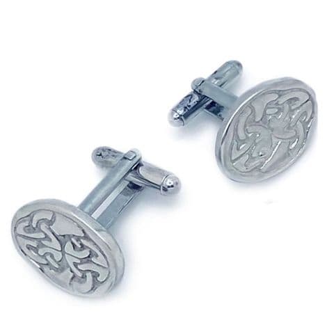 Celtic Oval Cufflinks in Polished Pewter – Scottish Design with Swivel Bar Fastener - KAPC211