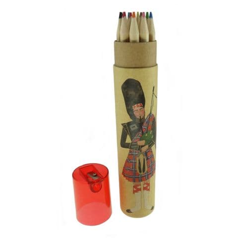 Colouring Pencils & Sharpener in Tube - 12 Colours, Scottish Kids' Gift for Christmas, Birthday