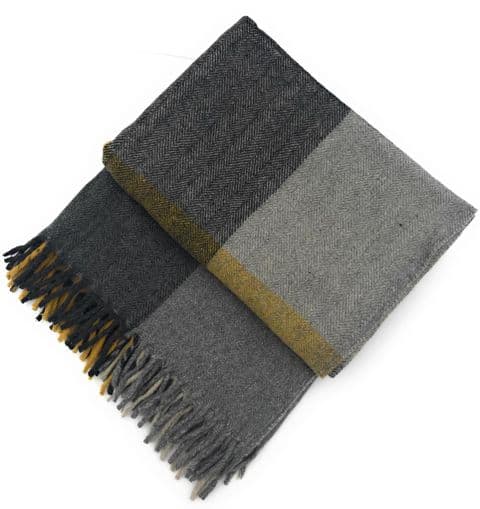 Dunedin Wool Blend Grey Ochre Tartan Blanket Throw | Recycled Wool | 155x190cm | Classic Design
