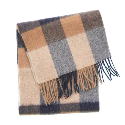 Edinburgh 100% Lambswool Scarf - Neutral-Navy Check - Luxury Soft - Excellent Size