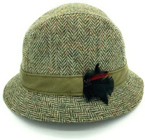 Gents Authentic Harris Tweed Trilby Hat In Green Brand New