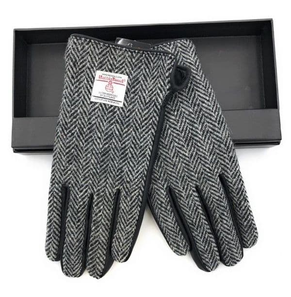 Gents Black Leather & Harris Tweed Gloves Boxed in Black/White LB3012-COL4