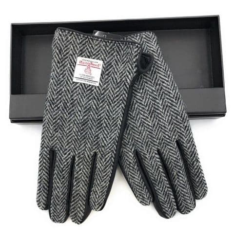 Gents Black Leather & Harris Tweed Gloves Boxed in Black/White LB3012-COL4