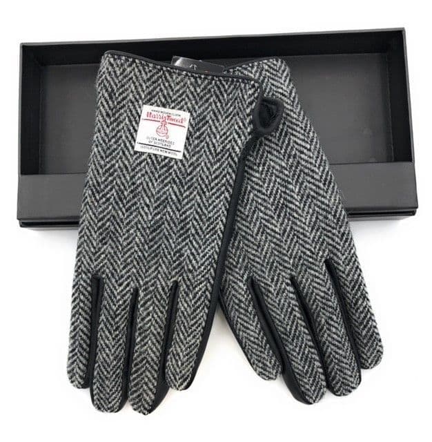 Gents Black Leather & Harris Tweed Gloves Boxed in Black/White LB3012-COL4