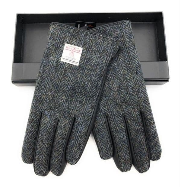 Gents Black Leather & Harris Tweed Gloves Boxed in Charcoal LB3012-COL1