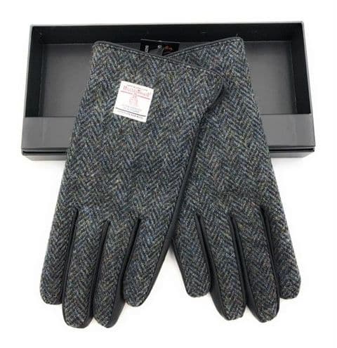 Gents Black Leather & Harris Tweed Gloves Boxed in Charcoal LB3012-COL1