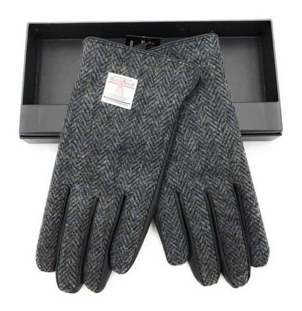 Gents Black Leather & Harris Tweed Gloves Boxed in Charcoal LB3012-COL1