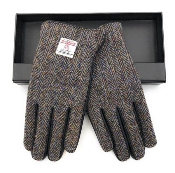 Gents Black Leather & Harris Tweed Gloves Boxed in Heather LB3012-COL7