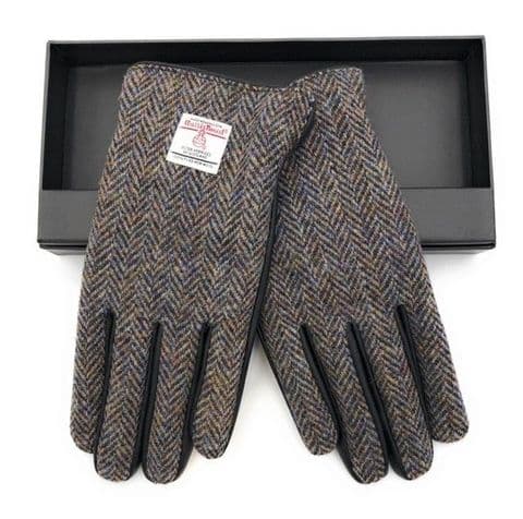 Gents Black Leather & Harris Tweed Gloves Boxed in Heather LB3012-COL7