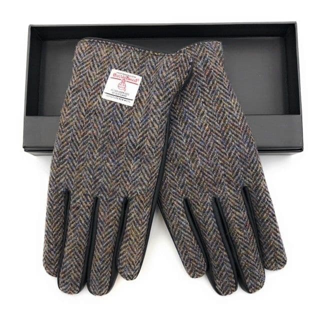 Gents Black Leather & Harris Tweed Gloves Boxed in Heather LB3012-COL7